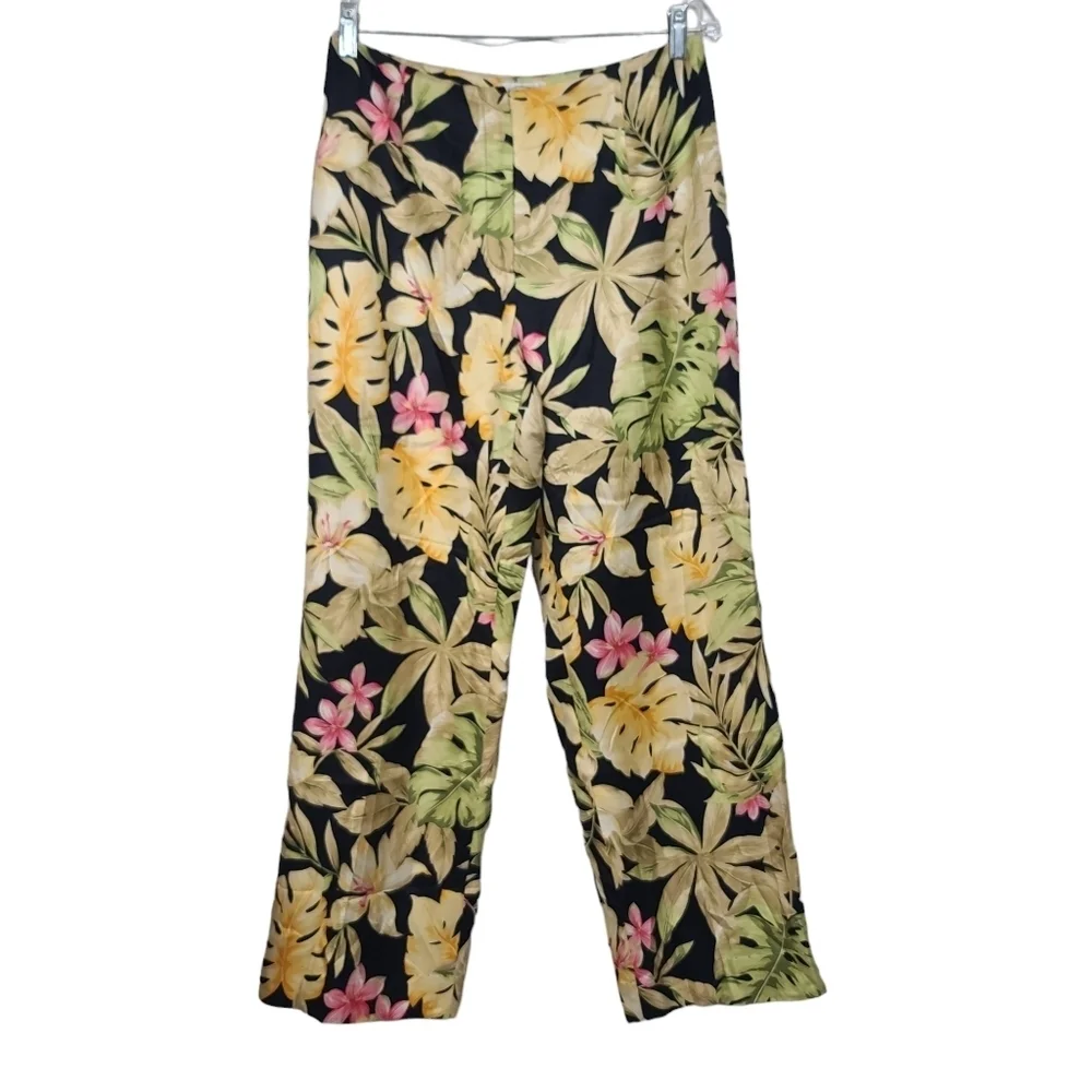 Talbots Floral Tropical Print Tan Yellow Green Pink Black Pure Silk Pants 8 - Picture 1 of 8